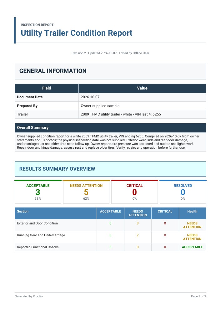 Page 1 of the Free Simple trailer report, showing job information and a results summary.