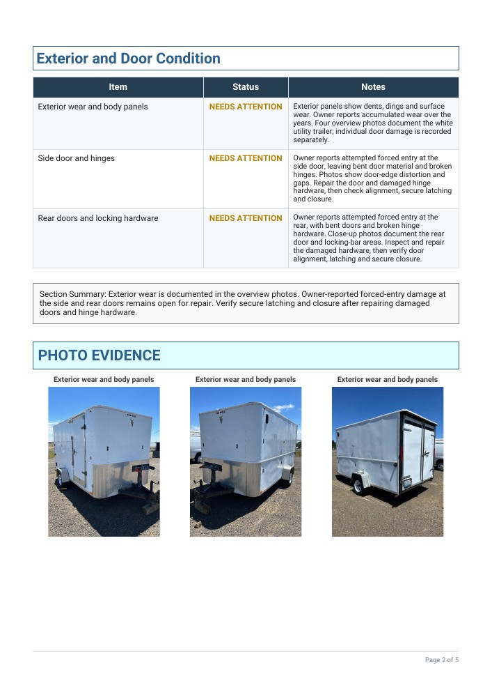 Page 2 of the Pro Advanced trailer report, showing condition findings and photo evidence with the Proofio footer turned off.
